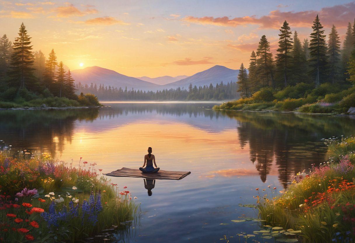 A serene landscape depicting a tranquil lake surrounded by vibrant wildflowers, with a sunrise casting a golden glow over the scene. In the foreground, a person practicing yoga or meditation on the shore, embodying peace and inner joy. Soft, flowing elements like gentle waves and a shimmering sky to evoke a sense of calm. super-realistic. vibrant colors. peaceful atmosphere.