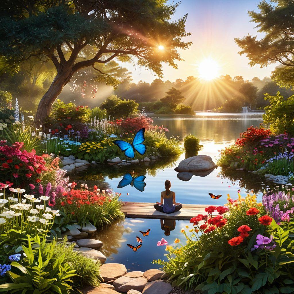 A serene landscape depicting a person practicing mindfulness in a lush garden filled with blooming flowers and colorful butterflies. In the background, the sun rises over a calm lake, symbolizing hope and positivity. The person smiles gently, surrounded by glowing soft light that represents emotional wellness. Incorporate subtle symbols of tranquility like a small fountain and harmonious colors. vibrant colors. super-realistic.