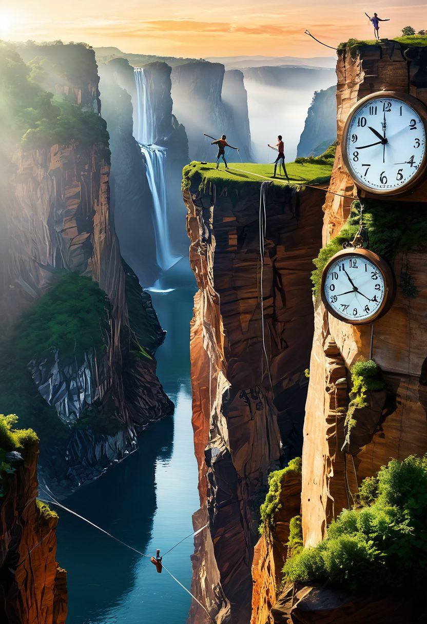 A serene landscape depicting a person balancing on a tightrope stretched between two towering cliffs, symbolizing life's demands. Below, a peaceful valley with lush greenery and flowing water represents happiness and well-being. The sky is a gradient of warm colors, indicating hope and positivity. Elements like clocks and books float gently in the air, representing time management and knowledge. super-realistic. vibrant colors.
